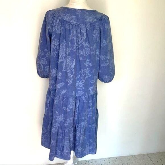 Models Coat Lounge Dress Size 12 Womens Tiered Blue Chambray Floral Poly Blend - Picture 12 of 12